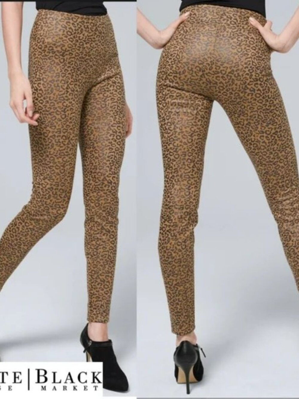 NWT WHBM Leopard Faux Suede Foil Print Wide Waistband Runway Leggings Size 4